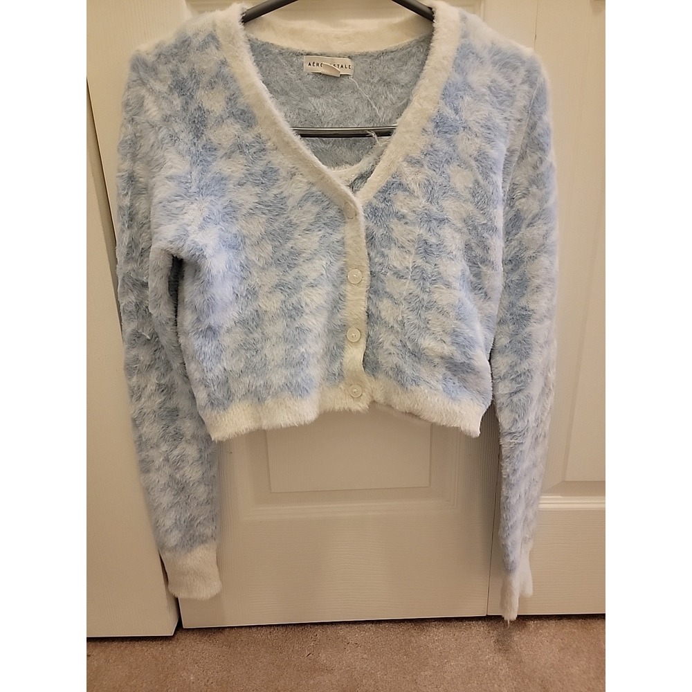 Aeropostale Women Small Blue White Fuzzy Knit Cardigan and Tank Top 2 Piece Set